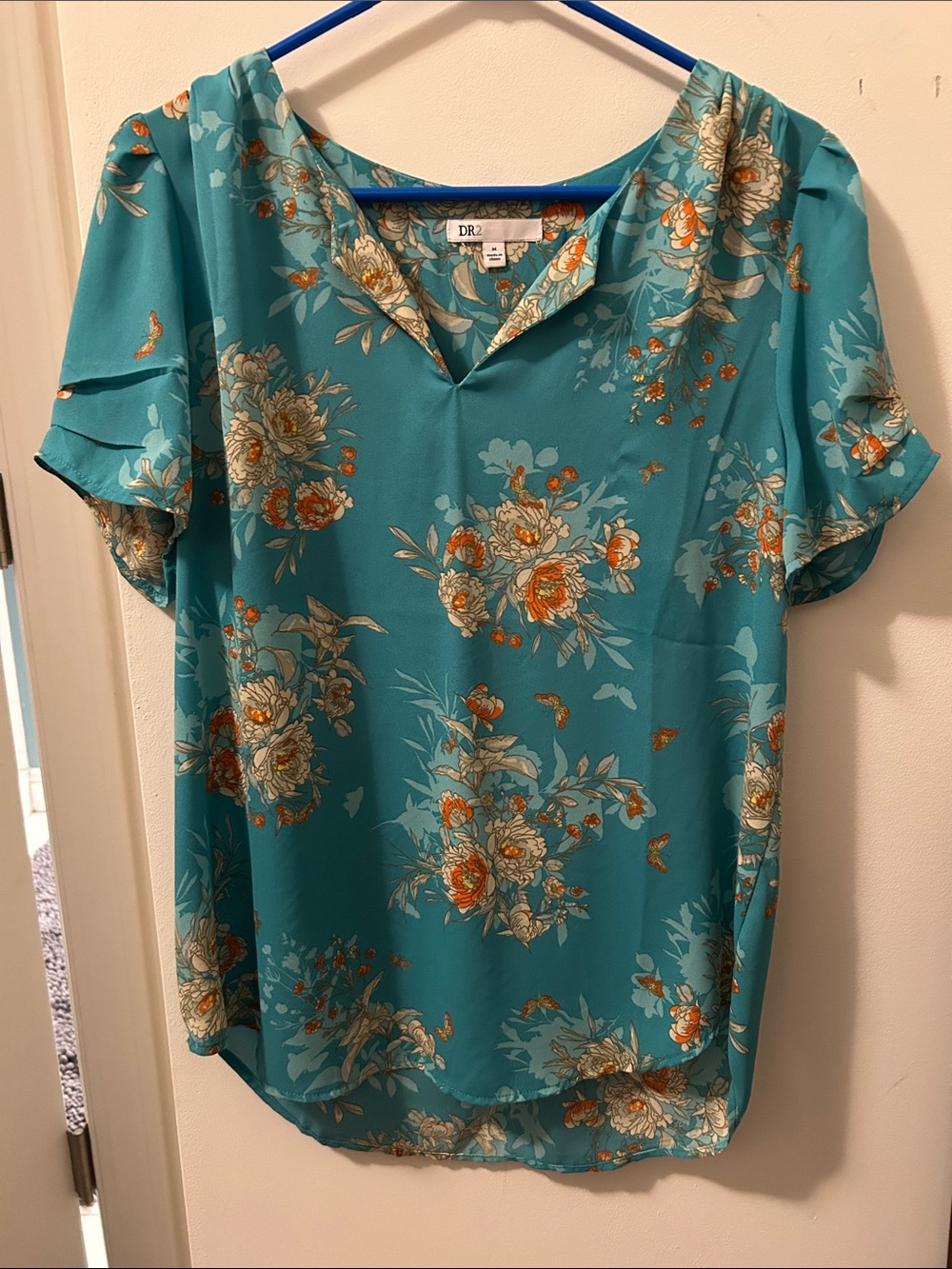 DR2 Teal Floral V-Neck Short Sleeve Blouse